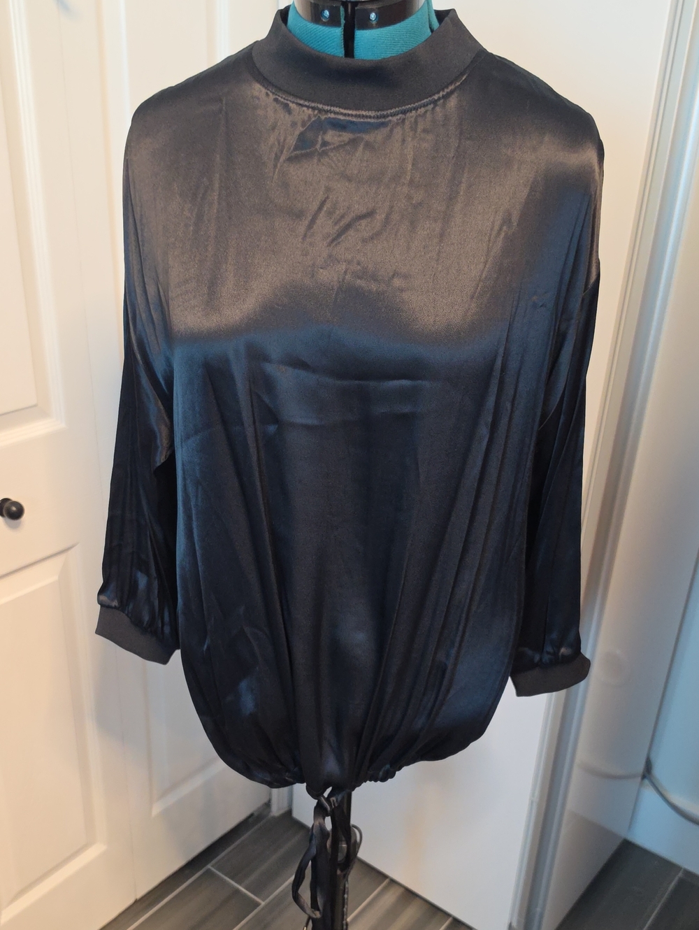Zara Black Satin Mock-Neck Tie-Hem Blouse L